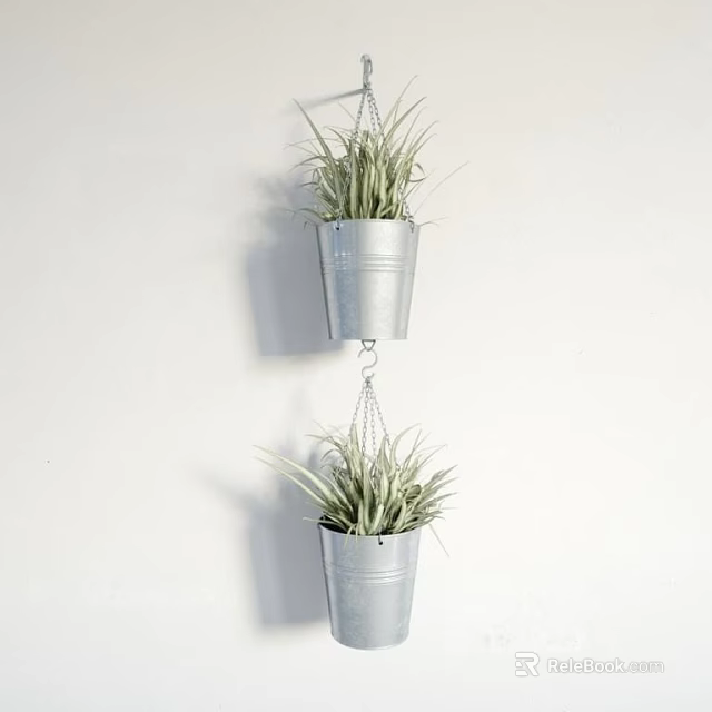 Decorative Hanging Planters With Green Plants In Metal Pots On White Wall 3d model 