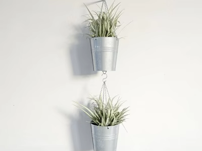 Decorative Hanging Planters With Green Plants In Metal Pots On White Wall 3d model