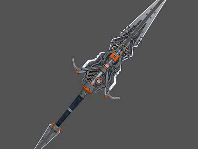 Futuristic Mechanical Sword With Intricate Metallic Design Orange Black Accents And Gear Details 3d model