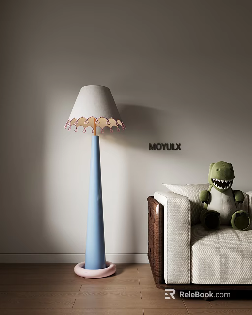 Blue Floor Lamp with White Lampshade Pink Edge and Green Dinosaur Toy on Beige Sofa 3d model 