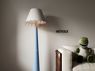 Blue Floor Lamp with White Lampshade Pink Edge and Green Dinosaur Toy on Beige Sofa 3d model