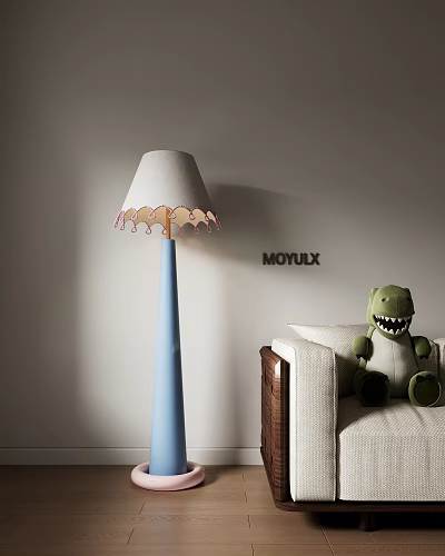 Blue Floor Lamp with White Lampshade Pink Edge and Green Dinosaur Toy on Beige Sofa 3d model