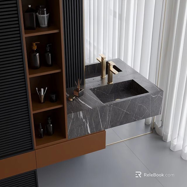 Elegant Modern Bathroom Vanity With Black Marble Countertop Brass Faucet And Brown Cabinet 3d model 