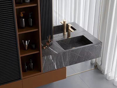 Elegant Modern Bathroom Vanity With Black Marble Countertop Brass Faucet And Brown Cabinet 3d model