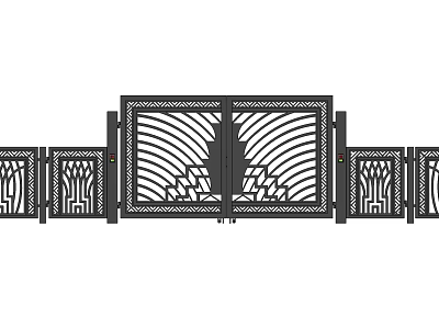 Modern Black Metal Entrance Gate With Intricate Patterns And Decorative Side Panels 3d model