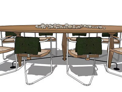 Modern Wooden Dining Table Set With Green Backrest Chairs Metal Legs And Decorative Stones 3d model