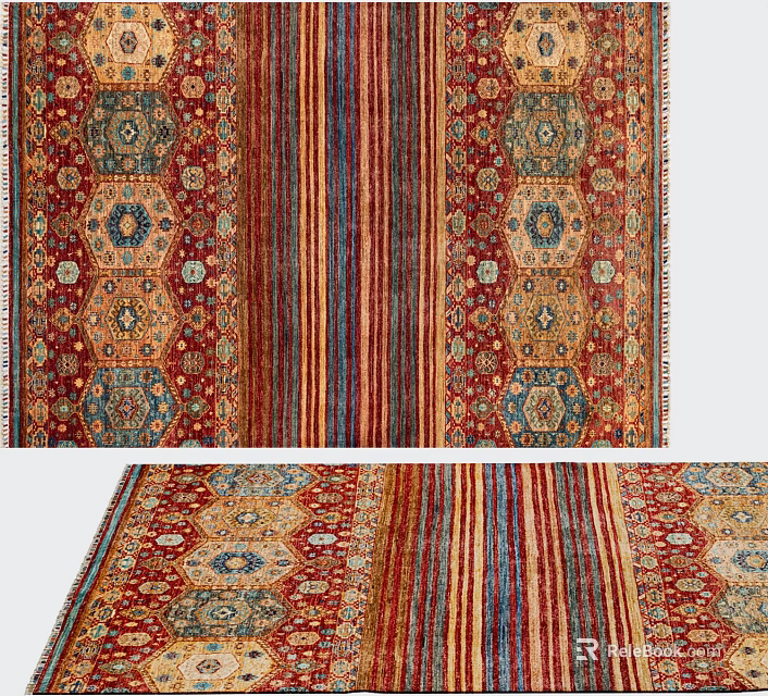 Traditional Square Rug With Geometric Hexagon Patterns Red Blue Beige Stripes Design 3d model