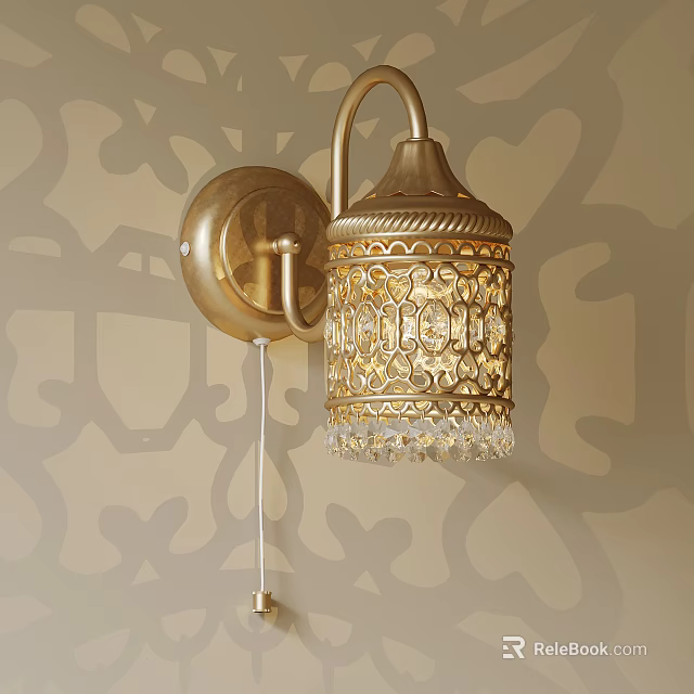 Elegant Golden Carved Wall Lamp With Crystal Decoration On Patterned Wall 3d model 