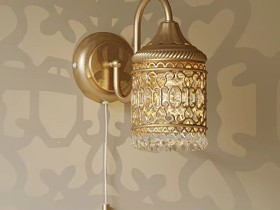 Elegant Golden Carved Wall Lamp With Crystal Decoration On Patterned Wall 3d model
