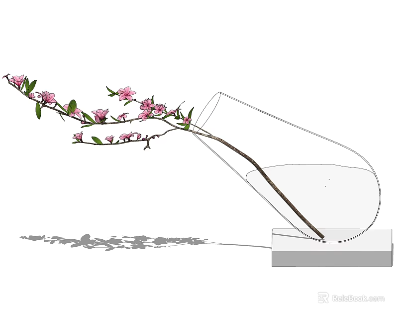 Transparent Glass Vase With Pink Flowers And Green Leaves On Gray Base 3d model 