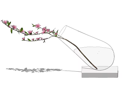 Transparent Glass Vase With Pink Flowers And Green Leaves On Gray Base 3d model