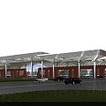 Aerial Planning of Modern Large Building With Red Facade White Roof Spacious Plaza and Parked Vehicles