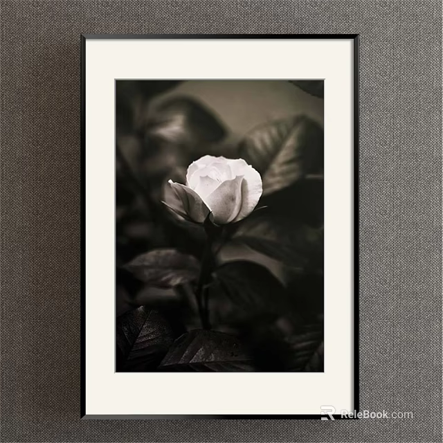 Black and White Framed Botanical Painting of Rose with Leaves Artwork 3d model 