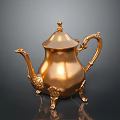 Elegant Golden Teapot With Decorative Spout Handle And Ornate Base Design