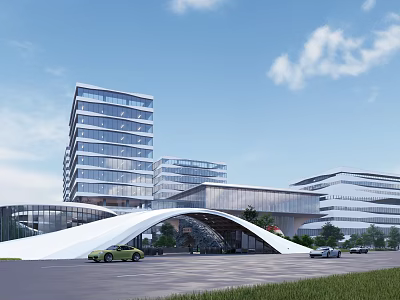 Modern Office Building Complex With Glass Facade Curved Archway And Parking Area 3d model