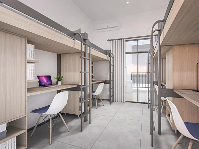 School Dormitory Modern Interior With Desks Chairs Bunk Beds And Natural Light 3d model