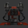 Red Mechanical Turret With Multi Barrel Pipes And Metal Support Base Structure