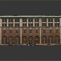 Historic Red Brick Building Scenery With Green Roof Arched Windows And Steps