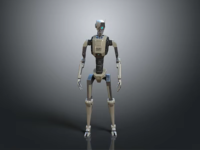 Futuristic Humanoid Robot Character Featuring Metallic Body Blue Eyes And Mechanical Limbs 3d model