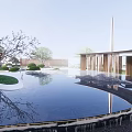Modern White Feature Wall With Geometric Patterns Bull Sculpture And Tree In Plaza