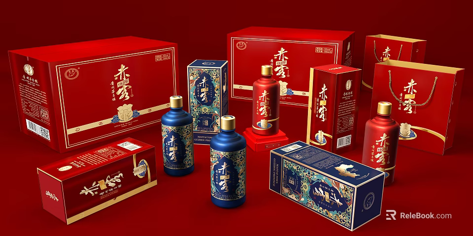 Traditional Wine Bottles And Glasses Displayed With Red Blue Packaging And Decorative Patterns 3d model