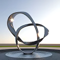 Modern Garden Landscape With Shiny Twisted Spiral Metal Sculpture In Circular Water Pool