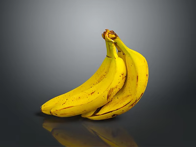 Ripe Yellow Bananas With Brown Spots On Dark Background With Reflection 3d model