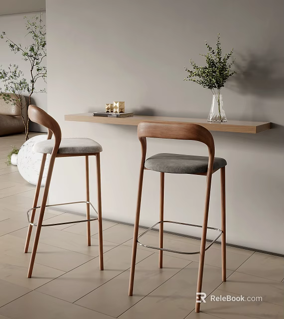 Wooden Bar Stools with Gray Cushions in Minimalist Interior by Wooden Counter and Green Plants 3d model 