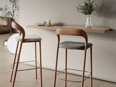 Wooden Bar Stools with Gray Cushions in Minimalist Interior by Wooden Counter and Green Plants 3d model