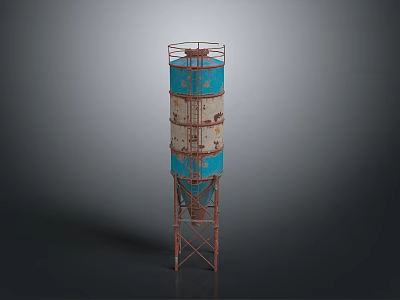 Tall Cylindrical Blue And White Water Tower With Rusted Metal Structure 3d model