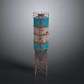 Tall Cylindrical Blue And White Water Tower With Rusted Metal Structure