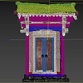 Ancient Architecture Wooden Door With Traditional Carved Roof Red Decorations And Stone Base