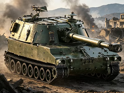 Military Tank Moving Through Ruined City With Smoke And Mountain Background 3d model