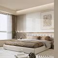 Modern Bedroom Interior With Upholstered Bed Abstract Wall Art Pendant Light And Green Plant