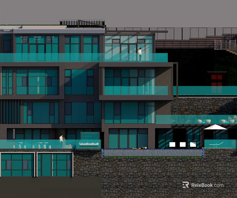 Modern Detached Villa With Large Glass Walls Multi Level Design And Outdoor Terrace 3d model 
