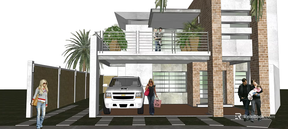 Detached Villa Exterior With Garage Balcony Palm Trees And Car 3d model 