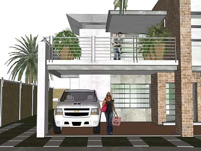 Detached Villa Exterior With Garage Balcony Palm Trees And Car 3d model