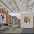 Modern Industrial Living Room With Brick Wall Concrete Ceiling Wooden Beams And Gray Sofa