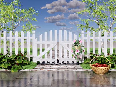 Modern Wooden Fence Courtyard Door Homestay Door Small Courtyard Door Wooden Door Strawberry Seedling Strawberry 3d model