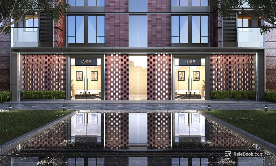 Modern Entrance Gate With Metal Grille Design Reflective Water Pool And Landscaped Lawn 3d model 