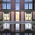 Modern Entrance Gate With Metal Grille Design Reflective Water Pool And Landscaped Lawn