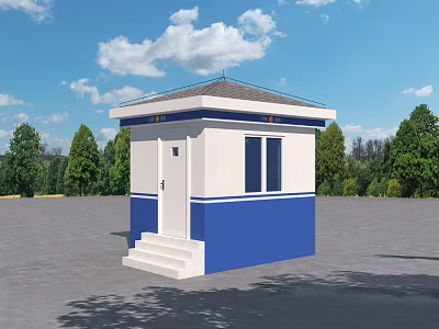 Industrial Factory Guard House With Blue White Exterior And Steps Near Trees 3d model