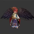 Fantasy Character In Traditional Outfit With Red Hair Fan Black Bird Wings And Ornate Headpiece