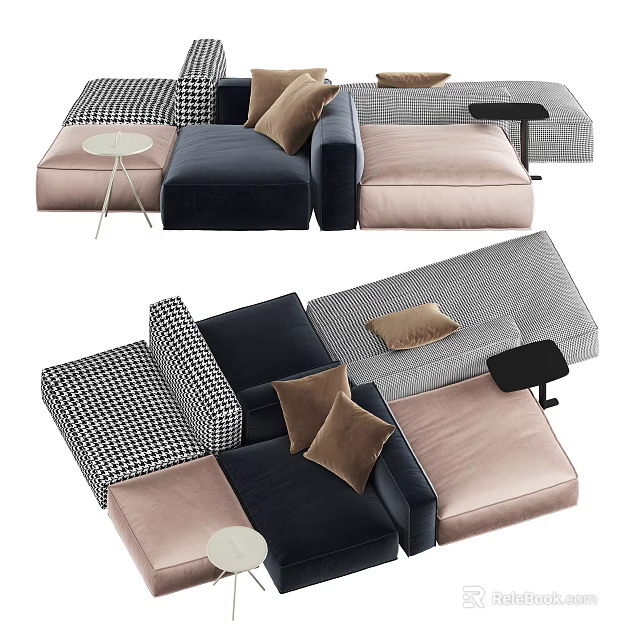 Modular Sectional Sofa Set with Navy Blue Blush Pink Checkered Modules and Accent Cushions 3d model 
