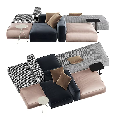 Modular Sectional Sofa Set with Navy Blue Blush Pink Checkered Modules and Accent Cushions 3d model