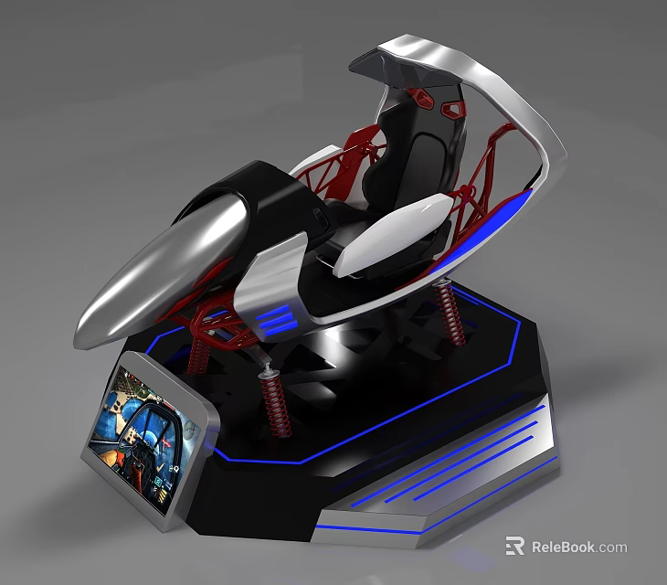 Ergonomic Gaming Simulator Chair With Black Silver Red Frame And Blue LED Lights Display Screen 3d model 