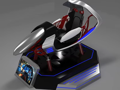 Ergonomic Gaming Simulator Chair With Black Silver Red Frame And Blue LED Lights Display Screen 3d model
