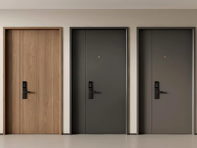 Three Stylish Modern Security Doors With Wooden Black Gray Panels And Secure Handles 3d model