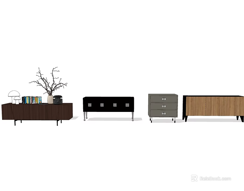 Modern TV Stands With Different Colors Drawers Metal Legs And Decorative Plants 3d model 