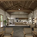 Modern Rustic Café Interior With Wooden Ceiling Hanging Lights And Cozy Tables
